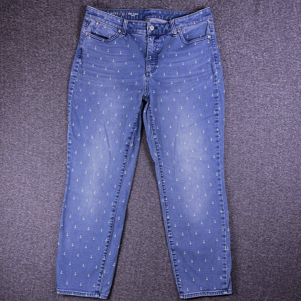 Talbots Slim Ankle Curvy Jeans Womens 12 Blue Anchor Nautical Embroidered 34x27